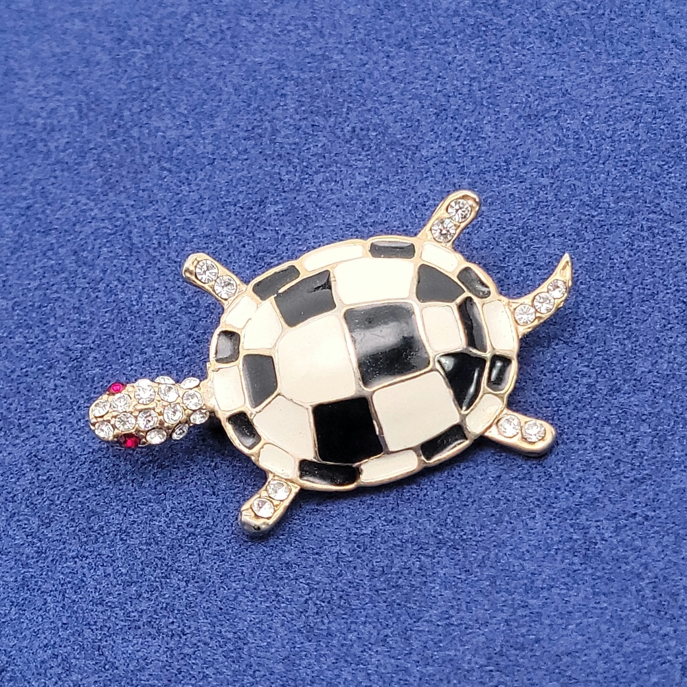 Vintage Rhinestone Turtle Brooch Pin Black White Enamel Check